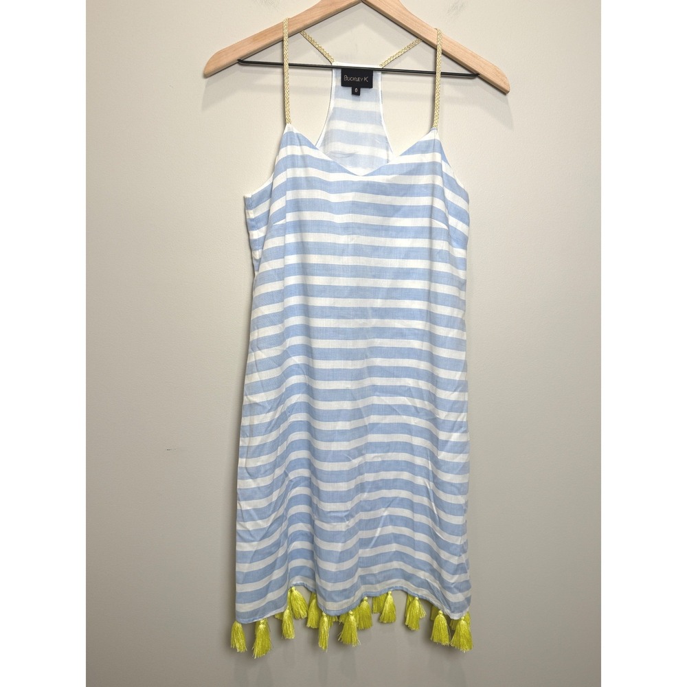 Buckley K Size 0 Tassel Striped Blue White Cover Up Dress Gold Braid Coastal